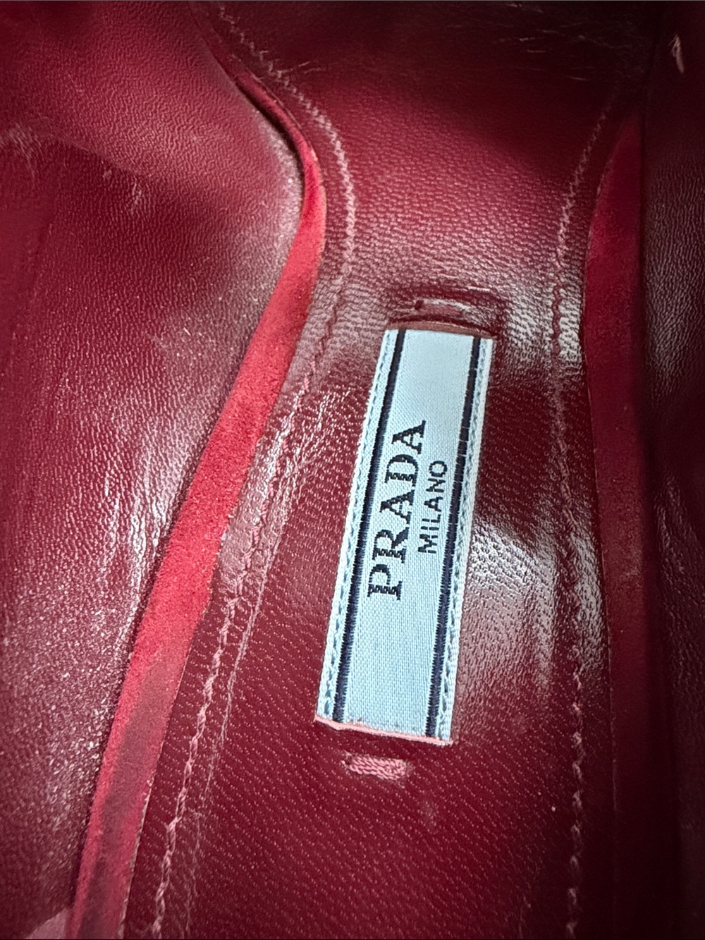 Prada Red Suede Mary Jane Heels with Gold Studs and Sculpted Heel - Picture 13 of 13
